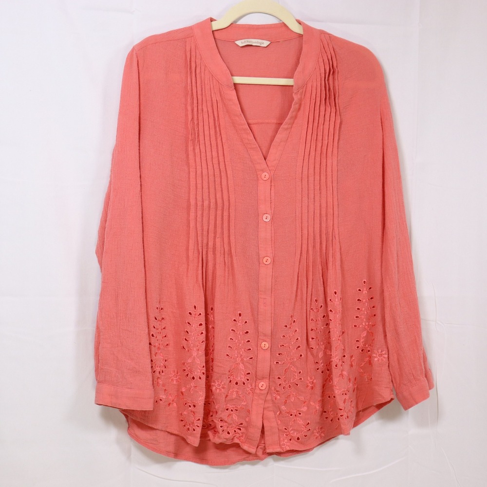 Soft Surroundings Embroidered Button Up Blouse L Coral Pink Womens Pintuck Gauze